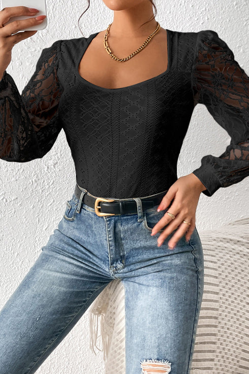Frenchy Contrast Lace Bishop Sleeve Bodysuit
